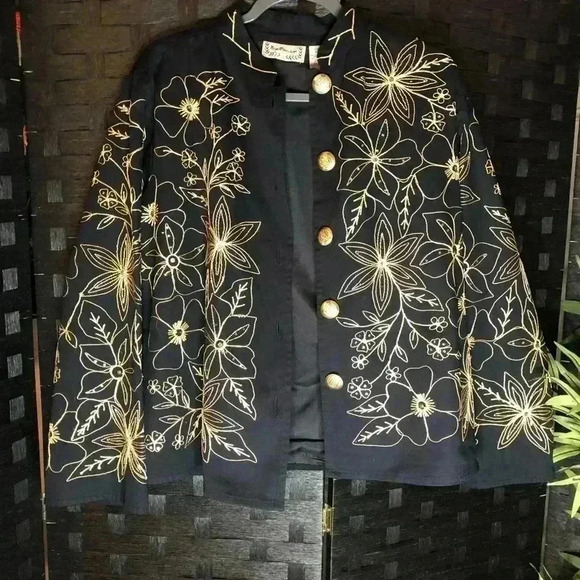 New Directions Cocktail Holiday Jacket SZ Large Black w/Gold Floral Embroidery - Picture 1 of 12